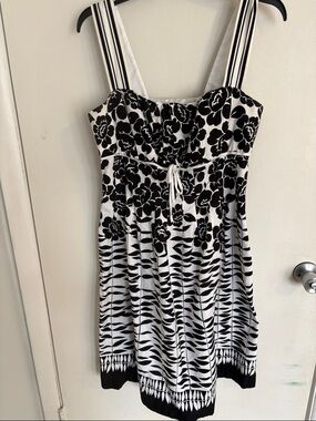 Robbie Bee Black and White Floral Stripe Midi Dress